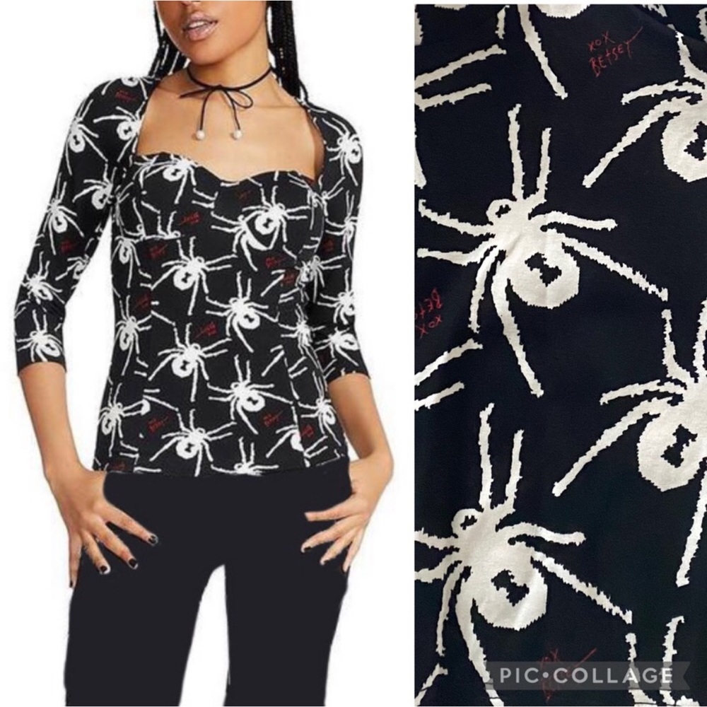 Spider Print Black and White Sweetheart Top Betsey Johnson Tarantula Goth